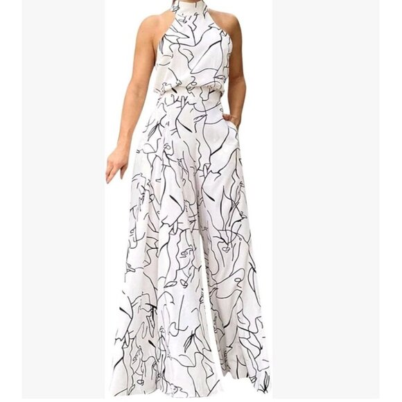 Jumpsuit Womens White Black Abstract Print Halter Sleeveless Wide Leg Medium Y2K - Picture 1 of 9